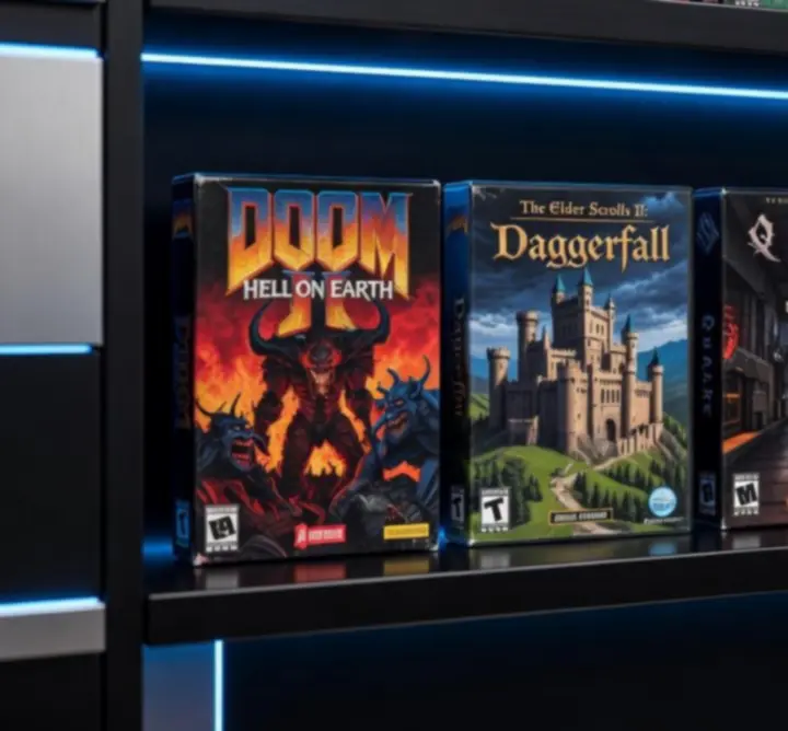 Collection de grandes boîtes de jeux PC alignées sur une étagère