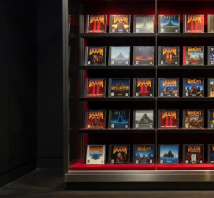Galerie de jeux PC classiques exposés dans des vitrines rétro éclairées par une lumière violette et bleutée.