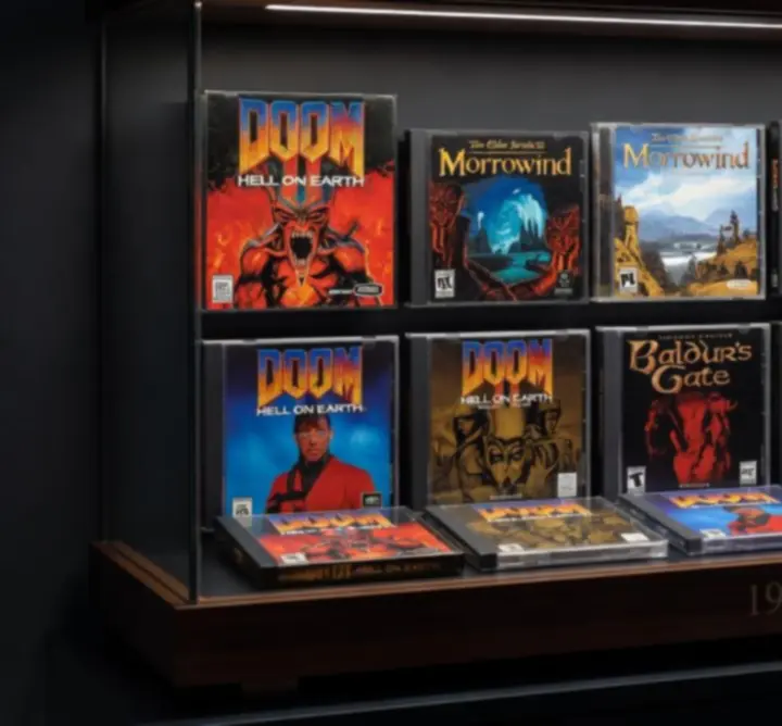 Vitrine rétro de jeux PC classiques en boîtes et CD de collection.