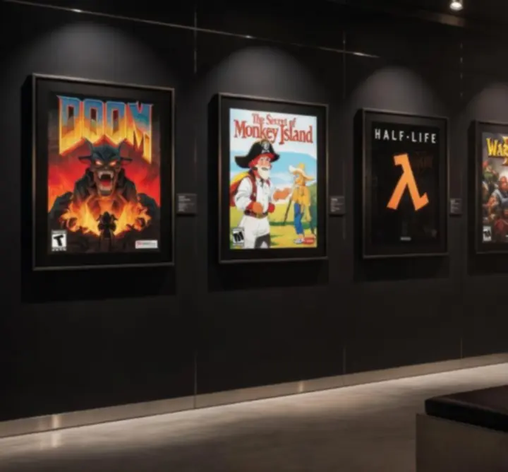 Mosaïque de jaquettes de jeux PC rétro exposées comme des tableaux
