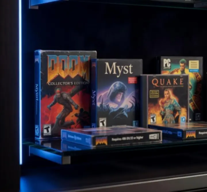 Sélection de jeux PC collectors en vitrine éclairée