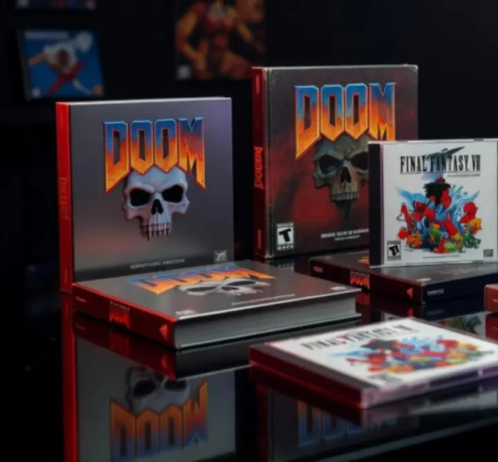 Collection de boîtes de jeux PC rétro, steelbooks et CD exposés dans une ambiance sombre et élégante