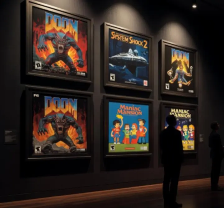 Vitrine sombre illuminée présentant une collection de boîtes et CD de jeux PC rétro dans une ambiance cinématique