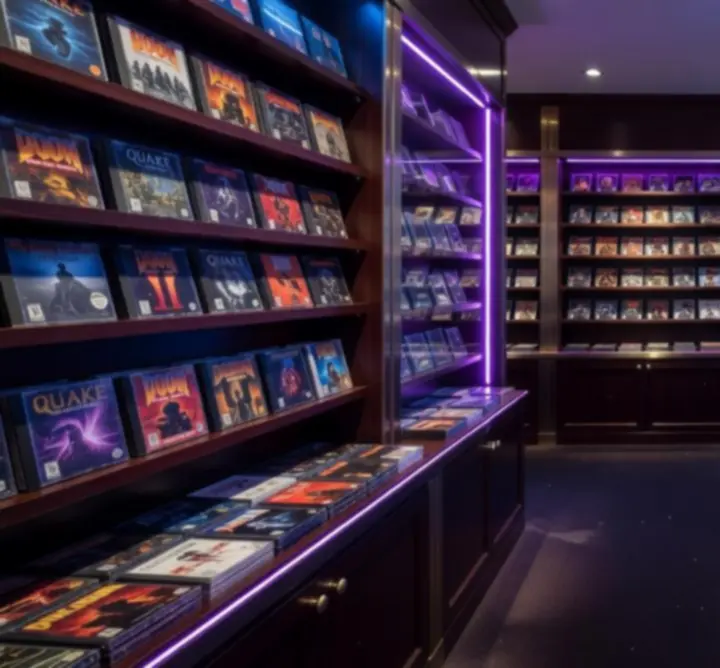 Collection de boîtes de jeux PC rétro et CD présentée dans une vitrine premium