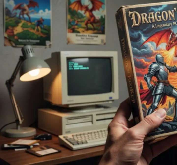 Gros plan cinématique sur une jaquette de jeu PC rétro emblématique, éclairée par une lumière néon