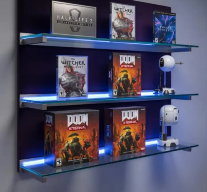 Coin gaming sombre et élégant avec étagères remplies de jeux PC
