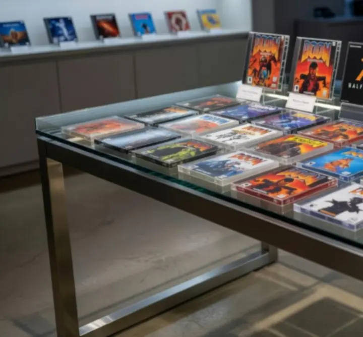 Nouveaux arrivages de jeux PC rétro alignés sur une table de présentation.