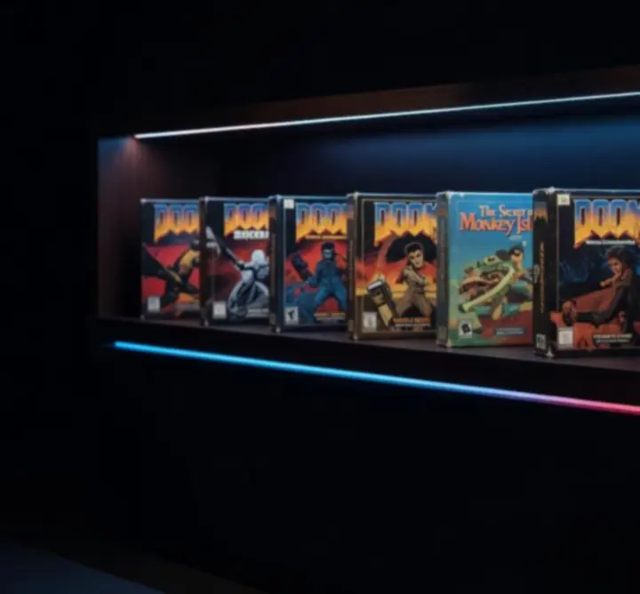 Collection de boîtes de jeux PC rétro des années 80 et 90 alignées dans une vitrine sombre et élégante
