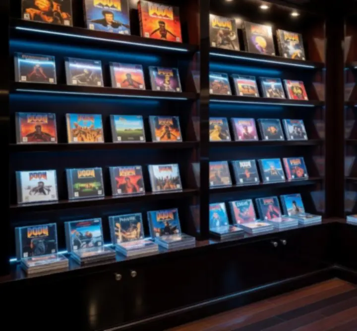 Vitrine de nouveautés de jeux PC collectors dans un décor rétro premium éclairé de façon cinématographique.